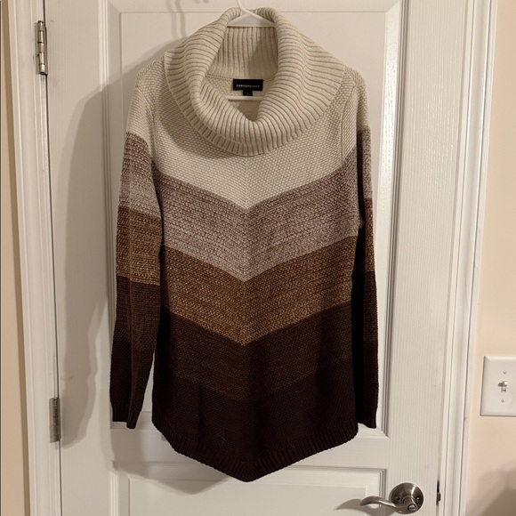 Fortune + Ivy Sweaters - Cozy Chevron Cowl Neck Sweater - Cream and Brown